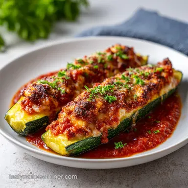 Low Carb Chicken Parmesan Stuffed Zucchini Boats for 4 Servings Recipe Card
