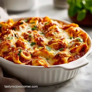 Easy Cheesy Baked Tortellini Casserole with Meat Sauce (35 Minutes) Recipe Card