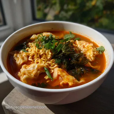 Kimchi and Dumpling Noodle Soup: Velvety Broth in 30 Mins Recipe Card