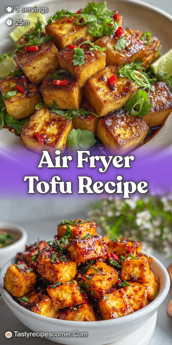 Close-up: Irresistibly crispy, golden tofu fresh from the air fryer. Steam rises gently, hinting at the warm, satisfying t...