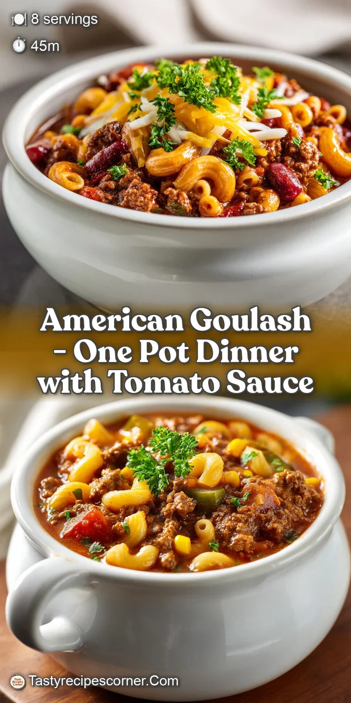 Close-up of hearty goulash, showing tender chunks of beef, bright red sauce, and al dente pasta.