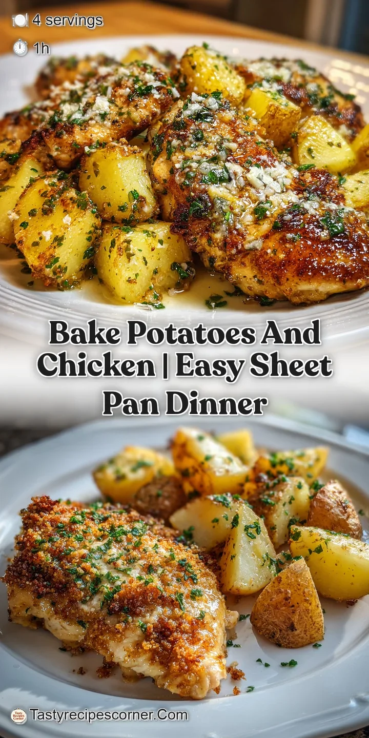 Close-up of a juicy roasted chicken piece, browned and crispy, beside a fluffy potato dusted with parmesan and herbs.