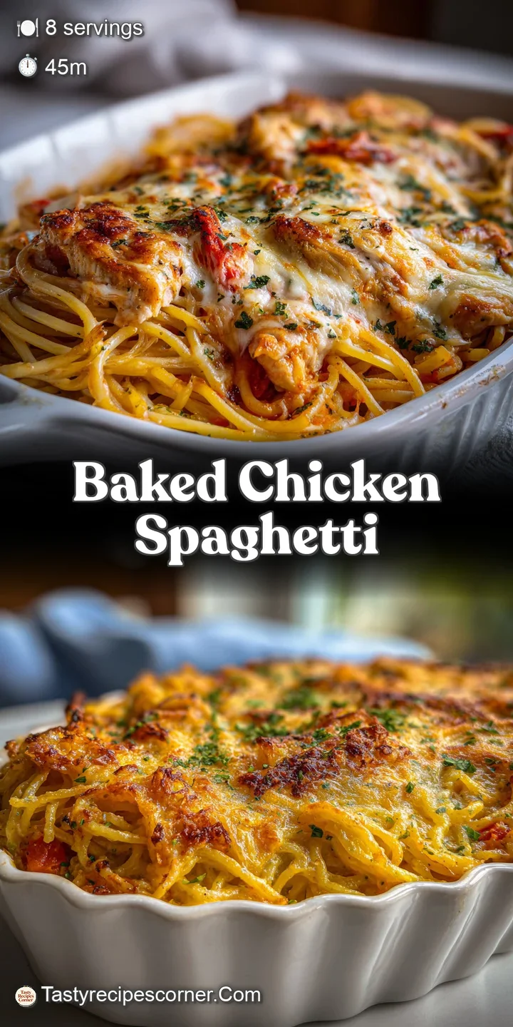 Close-up reveals the velvety cream sauce coating strands of spaghetti, studded with juicy chicken and golden-brown, bubbly...