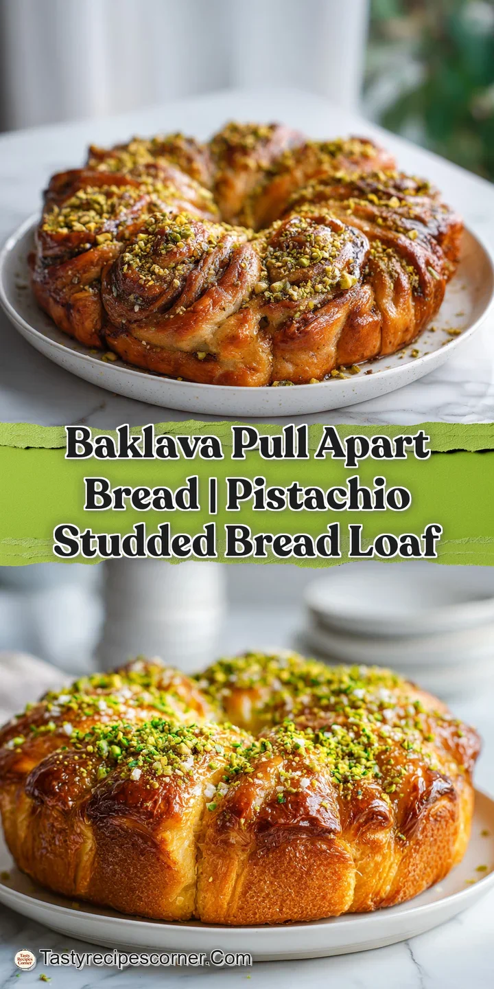 Close-up of sticky, golden-brown baklava pull-apart bread, showing the flaky texture and dripping syrup.