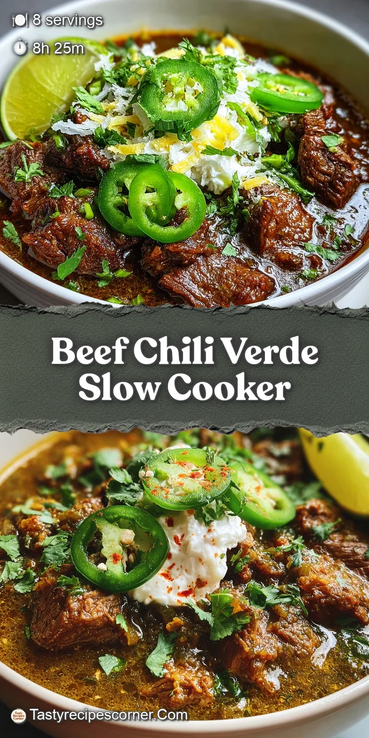 Close-up of steaming beef chili verde, showing tender, shredded meat in a rich, vibrant green sauce with flecks of spice.