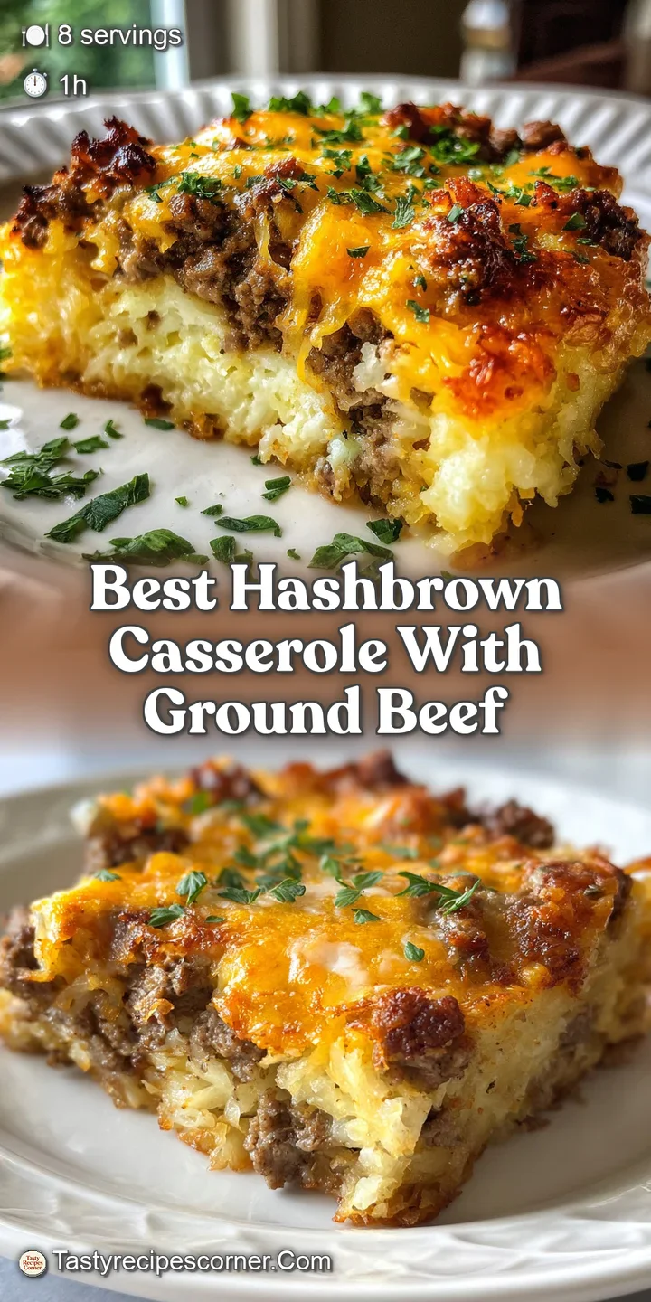 Close-up of a cheesy hashbrown casserole with seasoned ground beef, showcasing the crispy topping and creamy interior.