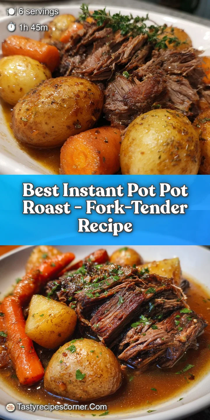 Close-up reveals juicy, fork-tender pot roast shreds swimming in a deep brown, savory gravy, promising warmth and comfort.