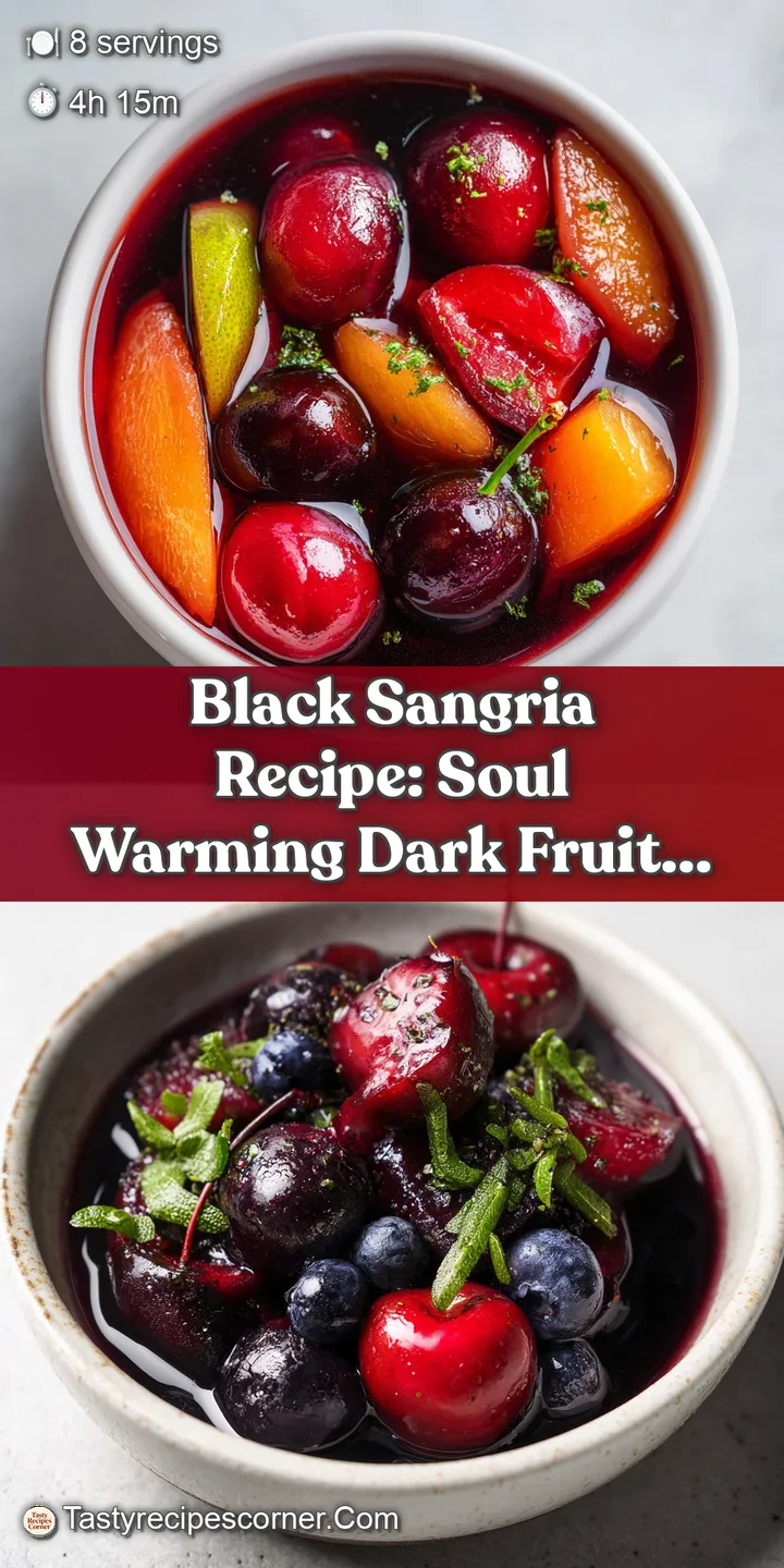 Close-up of a black sangria: ice cubes, juicy blackberries, and sliced oranges bobbing in the deep red wine mix.