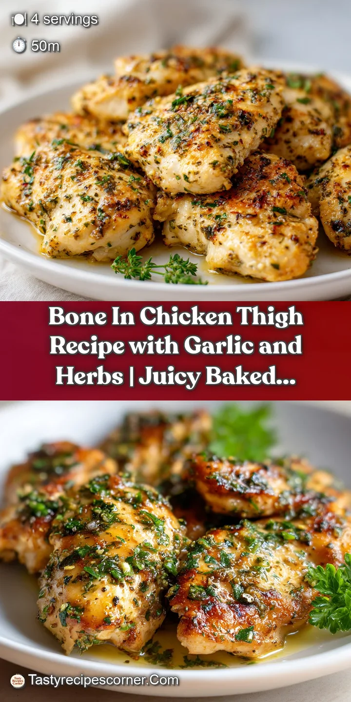 Close-up of a succulent chicken thigh with crispy, herb-flecked skin, glistening with savory juices.