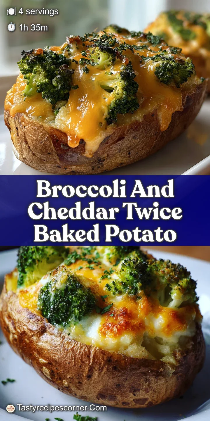 Close-up of a vibrant twice baked potato: melted cheddar swirls around tender broccoli. Crispy potato skin peeks through.
