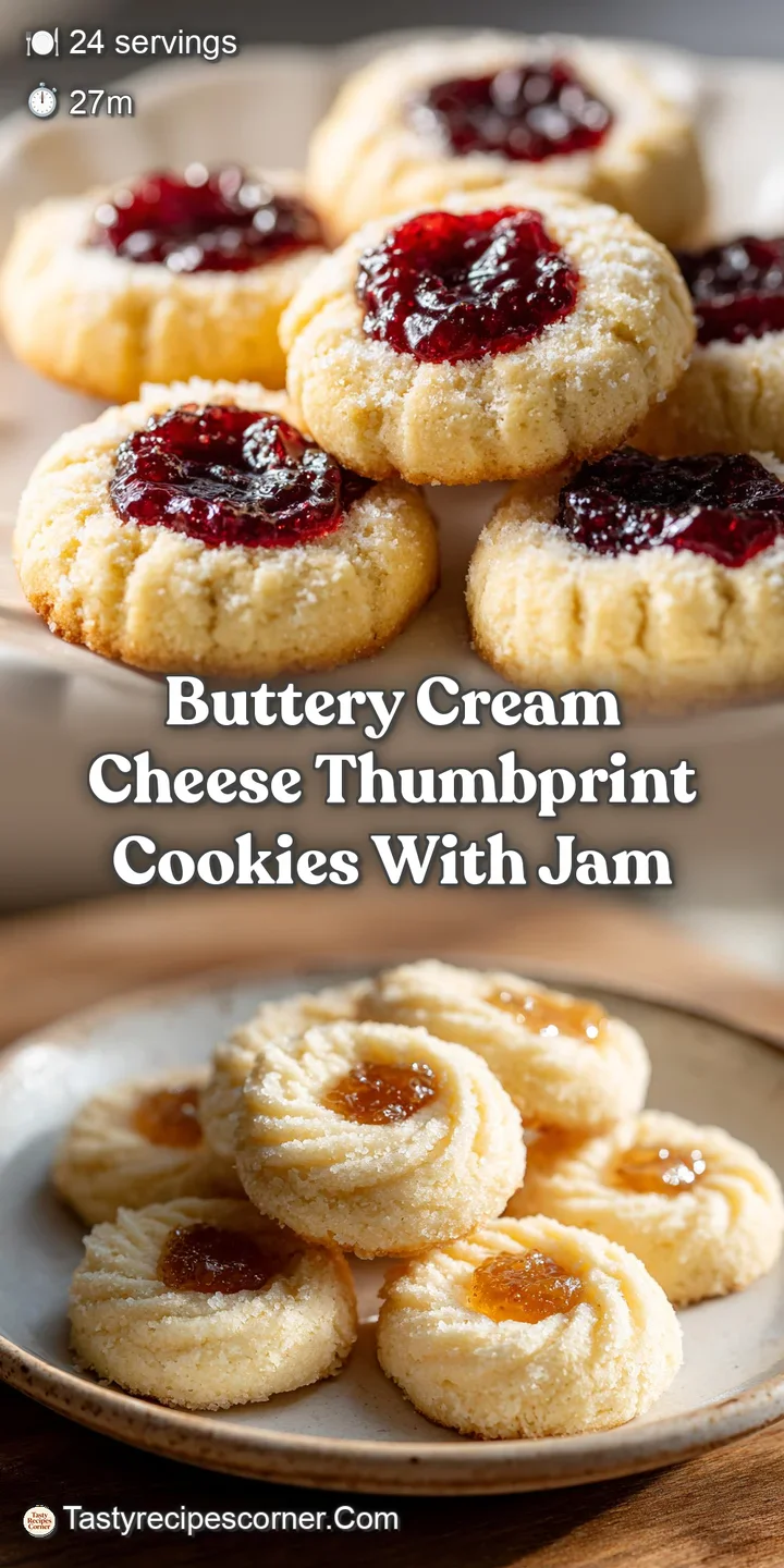 Close-up of a cream cheese thumbprint cookie; the soft crumb and sweet jam filling are visible, highlighted by warm, invit...