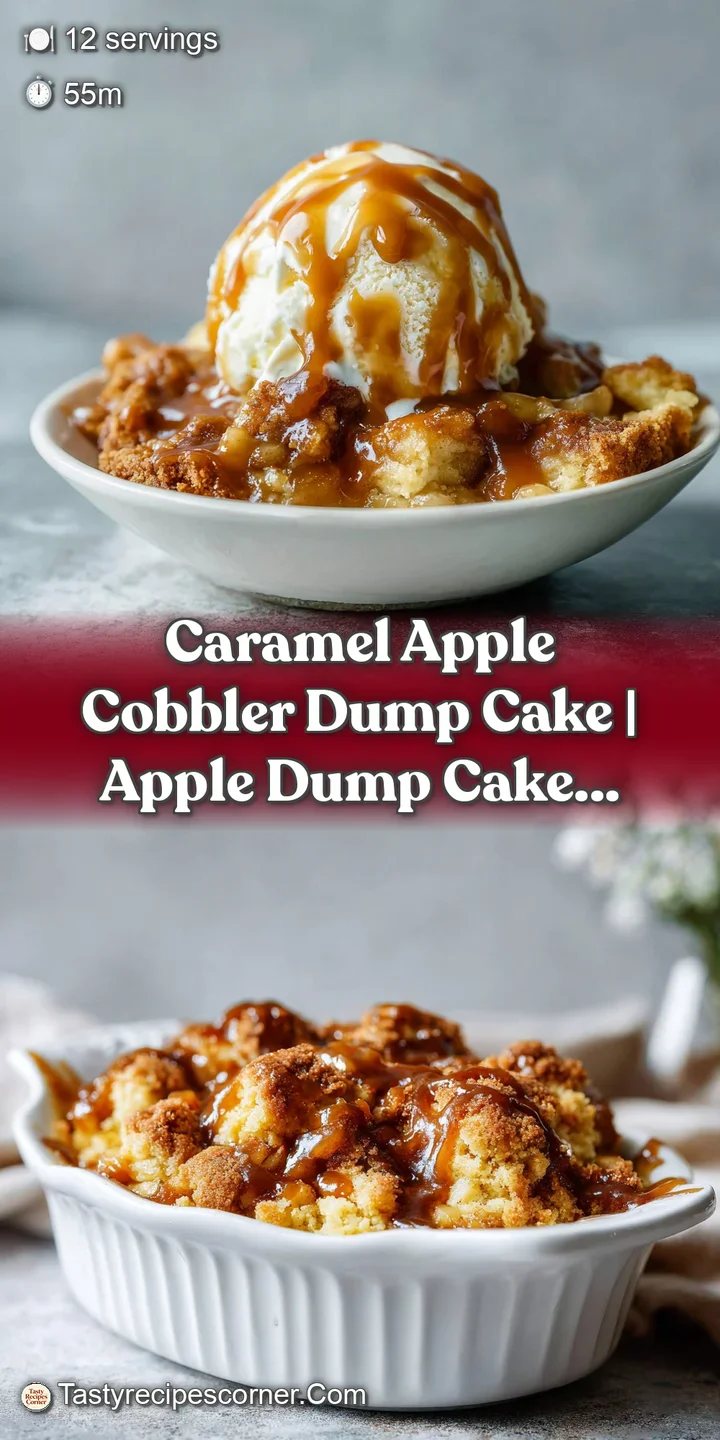 Close-up of tender, baked apple slices coated in rich, gooey caramel under a crumbly, golden topping.