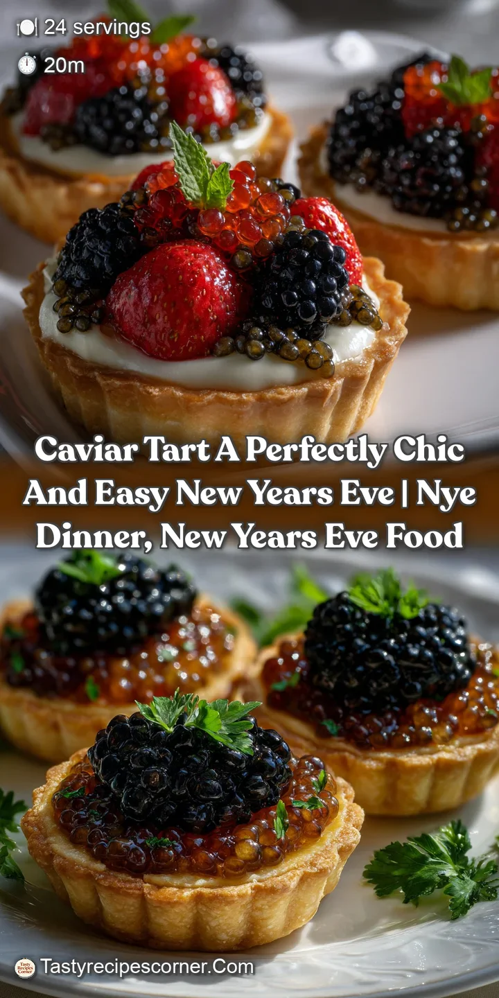 Close-up of a single caviar tartlet showcasing the glossy black roe atop a creamy base, contrasting with the flaky, golden...