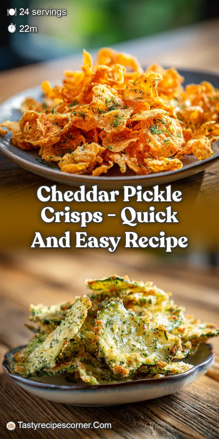 Close-up of a single cheddar pickle crisp, showcasing the sharp cheddar, tangy pickles, and bubbly, browned texture. Appet...