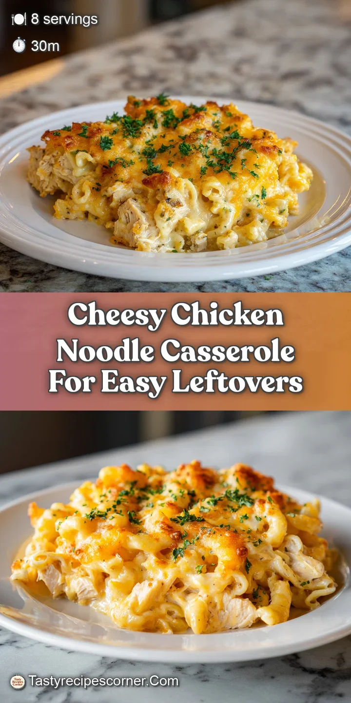 Close-up of bubbly, browned cracker topping over a rich chicken noodle casserole. Hints of steam evoke warmth and savory a...