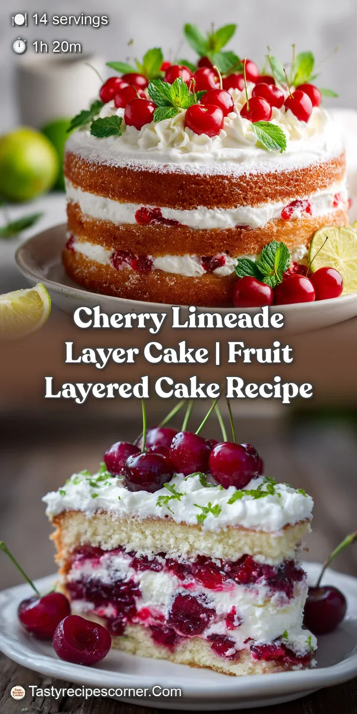 Close-up of cherry lime cake. Soft frosting swirls & juicy cherry hint at a sweet, tart, refreshing taste. Bright & colorf...