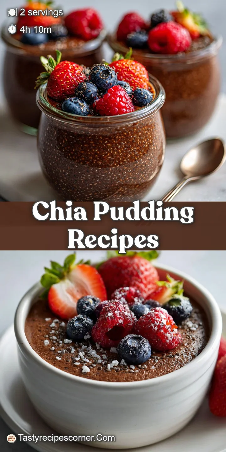 Close-up of rich, glistening chocolate chia seed pudding, highlighting the pudding's creamy texture and plump, bursting ra...