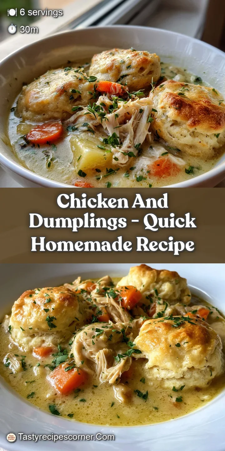 Close-up of fluffy, homemade dumplings nestled in a rich, creamy chicken sauce. Glistening bits of herbs and vegetables ar...