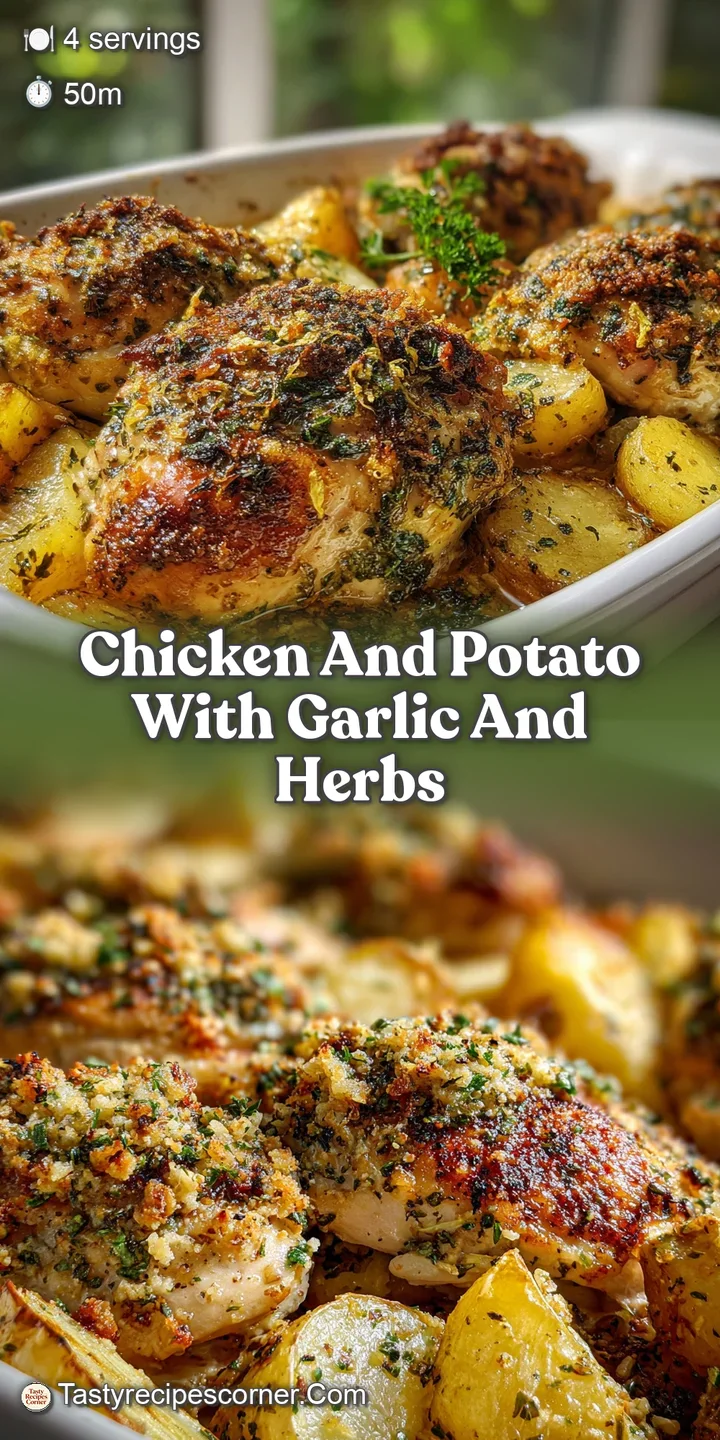 Close-up of juicy roasted chicken and potatoes with golden-brown crispness. Garlic and herb flecks add appetizing texture.