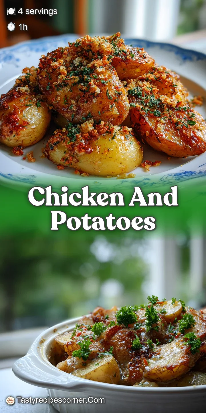 Close-up of crispy, golden chicken skin and creamy, browned potatoes, highlighting textures and appetizing appearance.