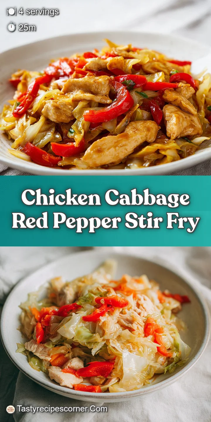 Up-close view of a chicken stir-fry: juicy chicken, crisp red pepper and cabbage with a rich, flavorful, slightly glisteni...