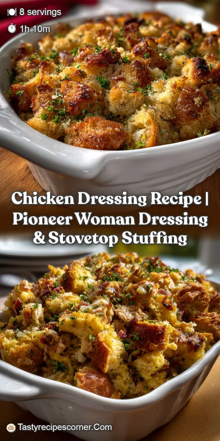 Close-up view of velvety chicken dressing, rich golden hues, studded with savory herbs, with a glistening, moist appearanc...