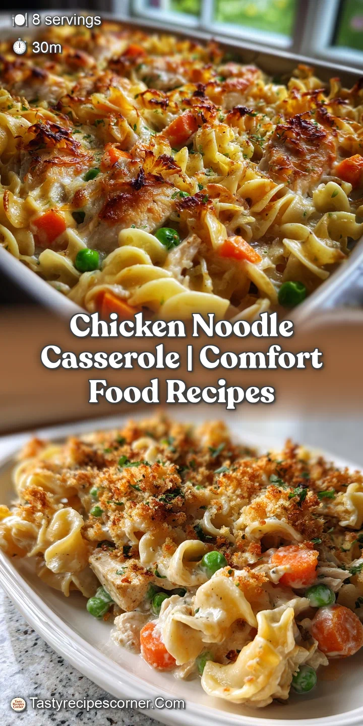 Close-up of chicken noodle casserole: soft noodles, juicy chicken, creamy sauce. Bubbly, slightly browned crust suggests a...