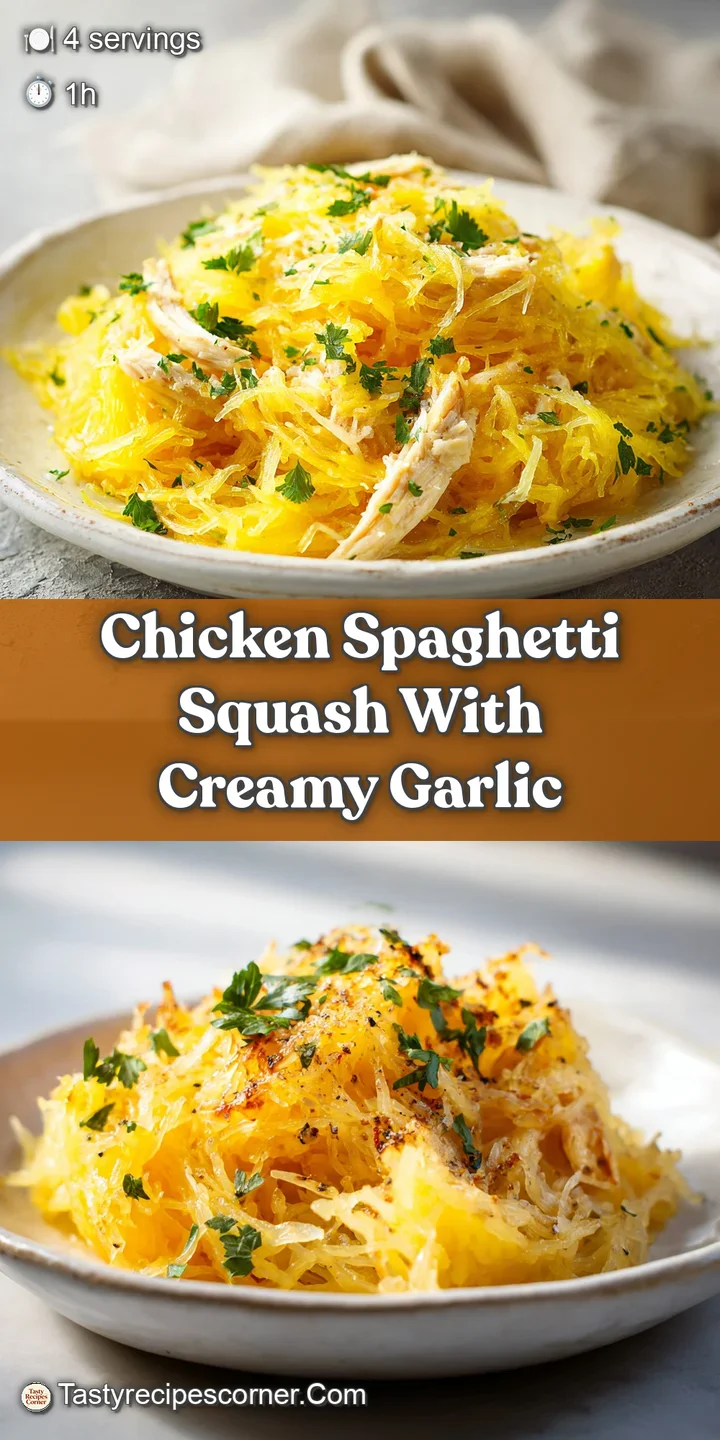 Close-up: glistening strands of spaghetti squash coated in a rich, cheesy sauce with visible pieces of juicy chicken.