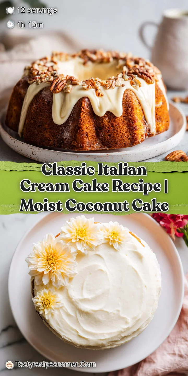 Close-up: Decadent Italian cream cake oozing with creamy frosting, showing moist layers of coconut and chopped pecans.