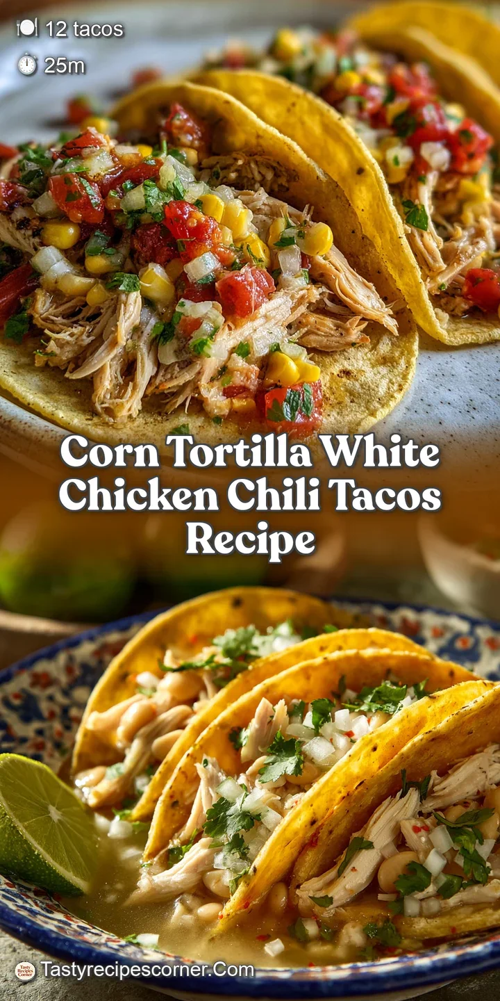 Close-up: Creamy white chicken chili oozes from a corn tortilla taco, topped with bright green cilantro & shredded cheese.