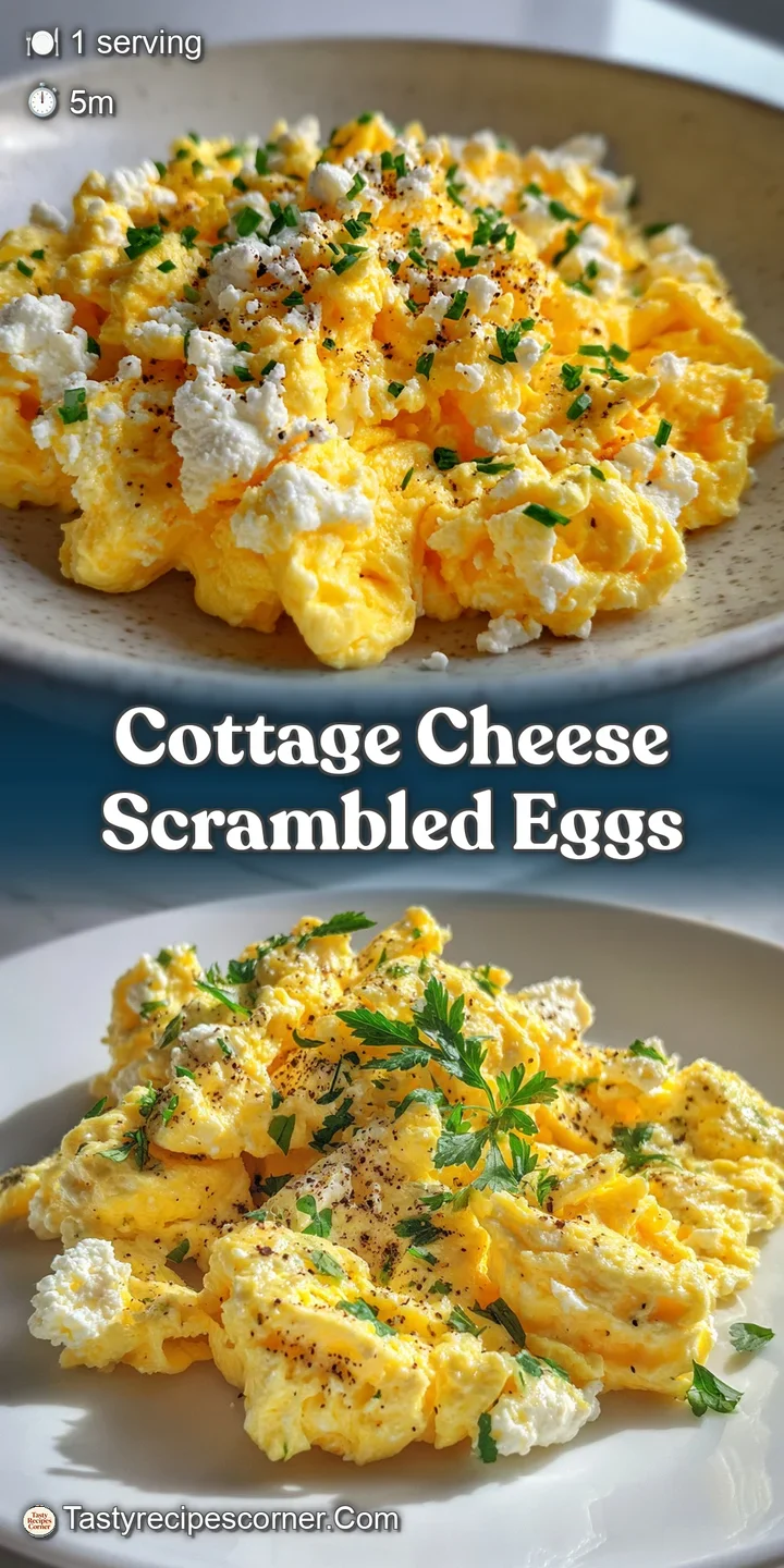 Close-up of creamy, pale yellow scrambled eggs mingled with soft white cottage cheese. Subtle textures suggest a light, p...