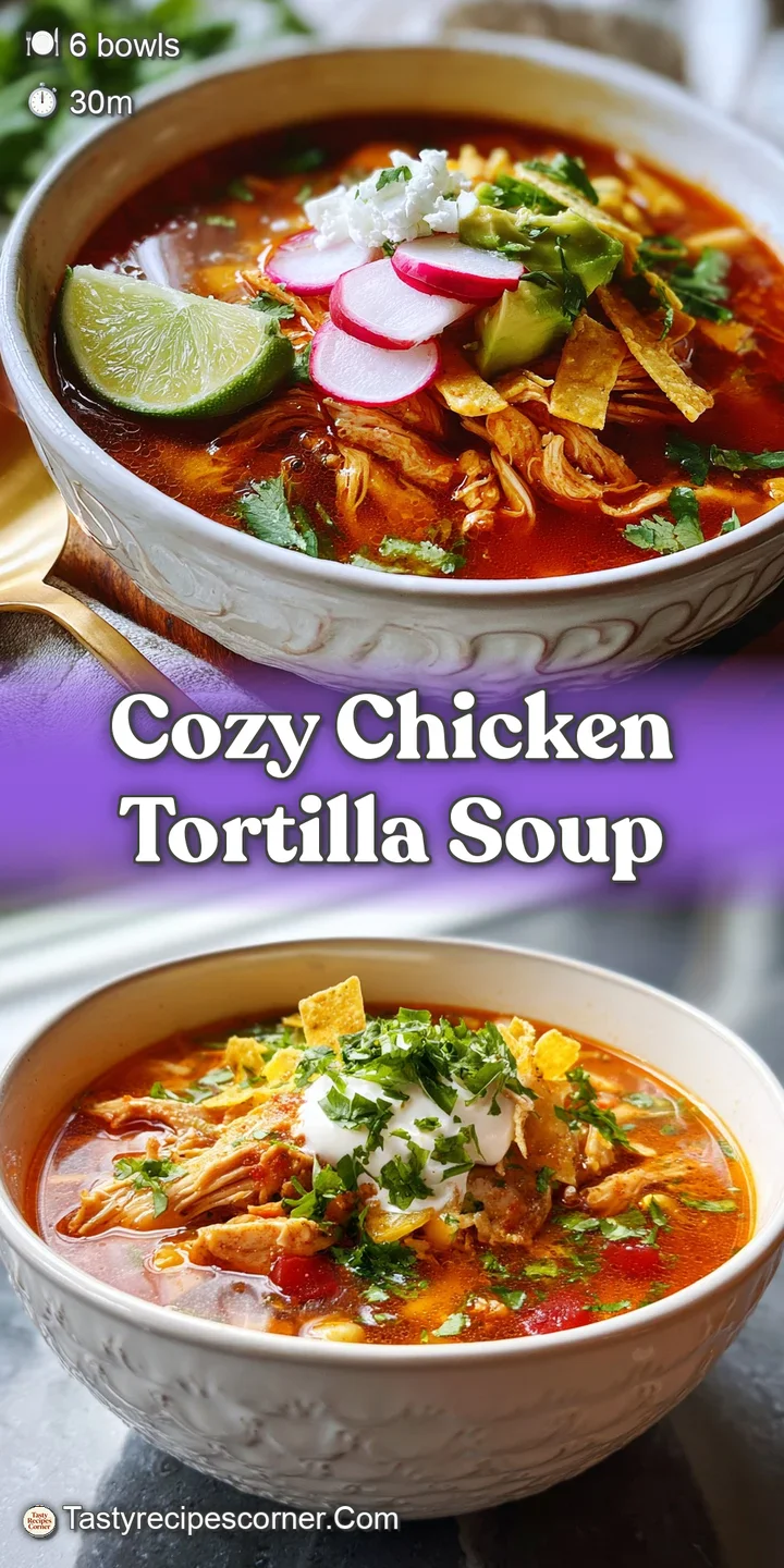 Close-up of rich chicken tortilla soup showcasing tender chicken, colorful vegetables, and a vibrant broth with fresh cila...