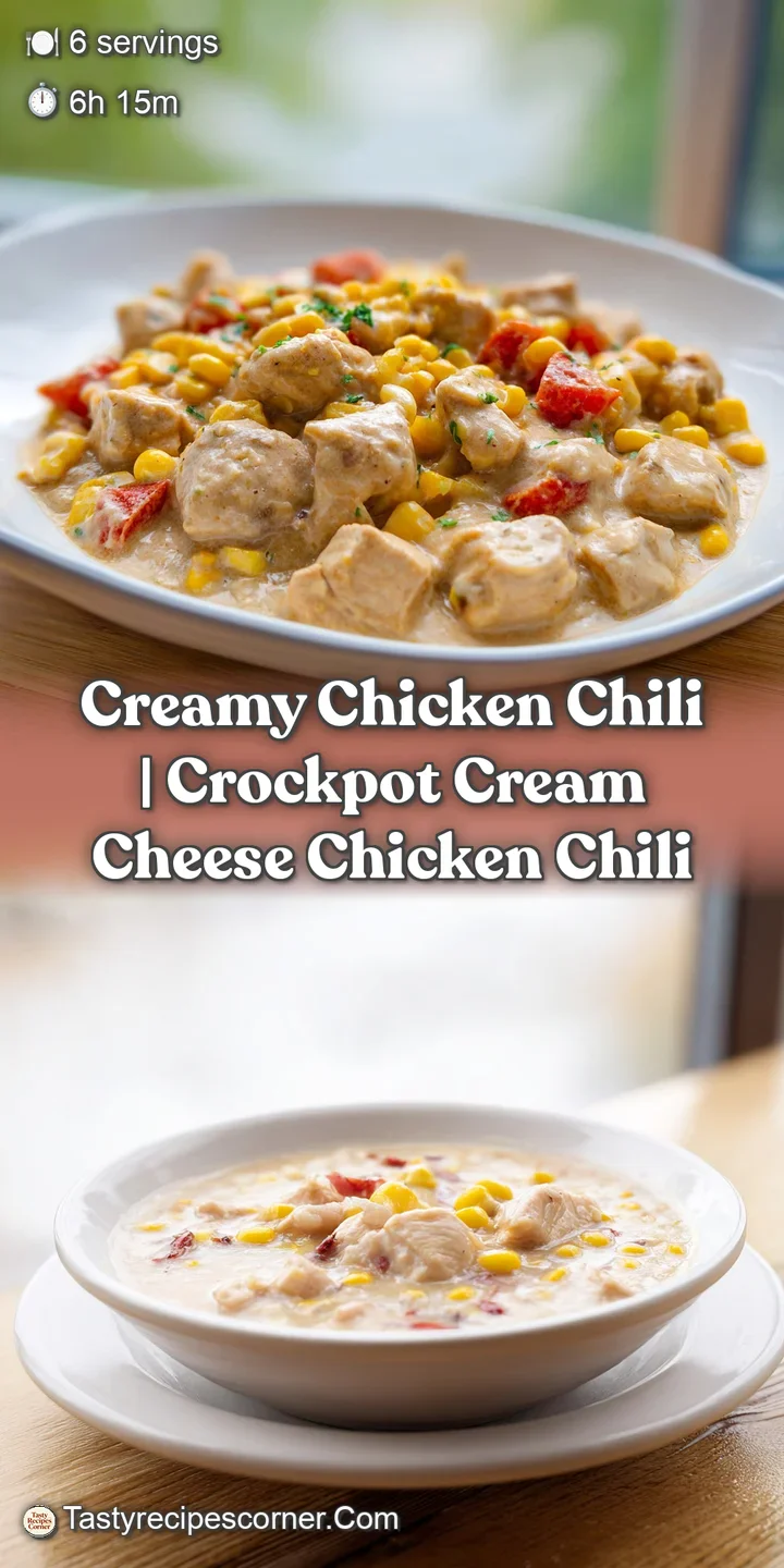 Close-up of a rich, creamy chili texture with tender chicken chunks and golden corn kernels in a warm, white broth.
