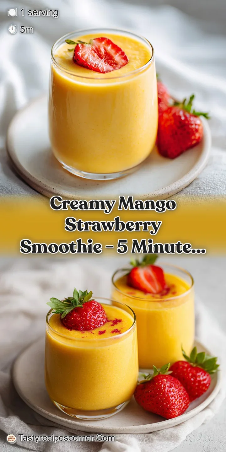 Close-up of a frosty mango-strawberry smoothie, showing its smooth texture and bright, inviting color.