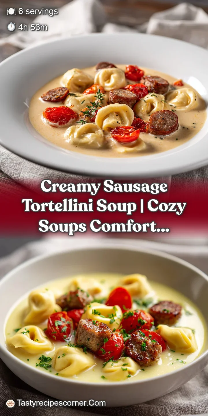 Close-up of tender cheese-filled pasta and savory sausage crumbles in a thick, steaming cream-colored broth.