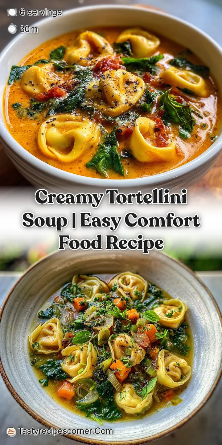 Close-up of cheesy tortellini in a rich, creamy broth. Hints of vibrant green spinach & diced tomatoes add visual depth.