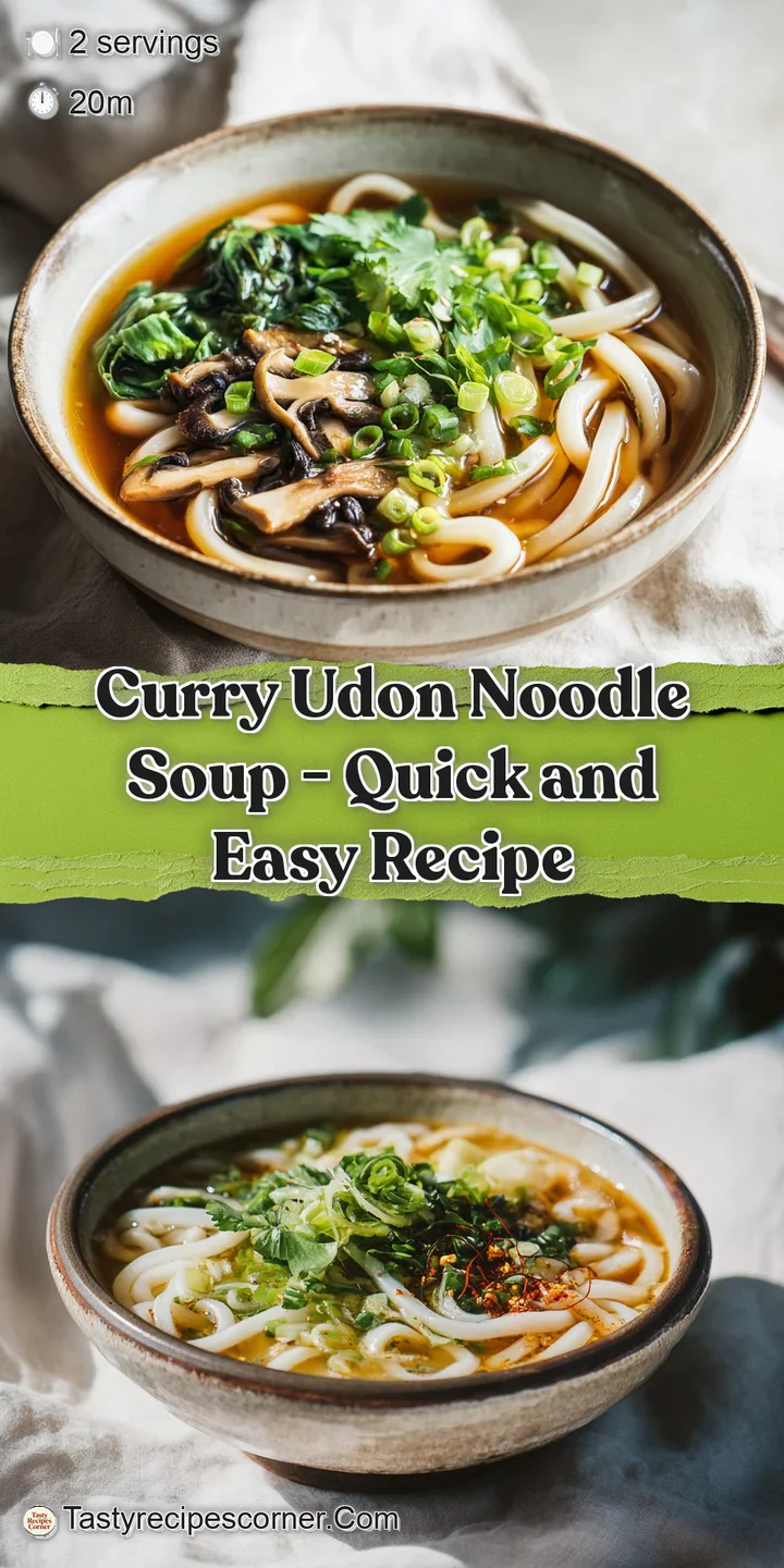 Close-up of thick udon noodles submerged in a luscious, pale yellow curry sauce with visible spice flecks.