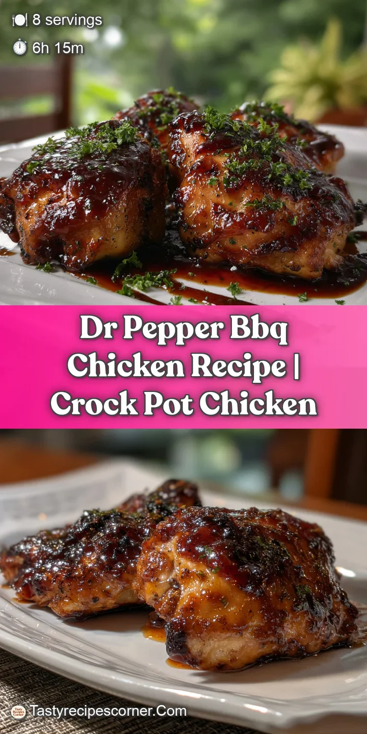 Close-up of succulent Dr. Pepper BBQ chicken, glistening with a dark, sticky sauce. Strands of tender, juicy meat are visi...
