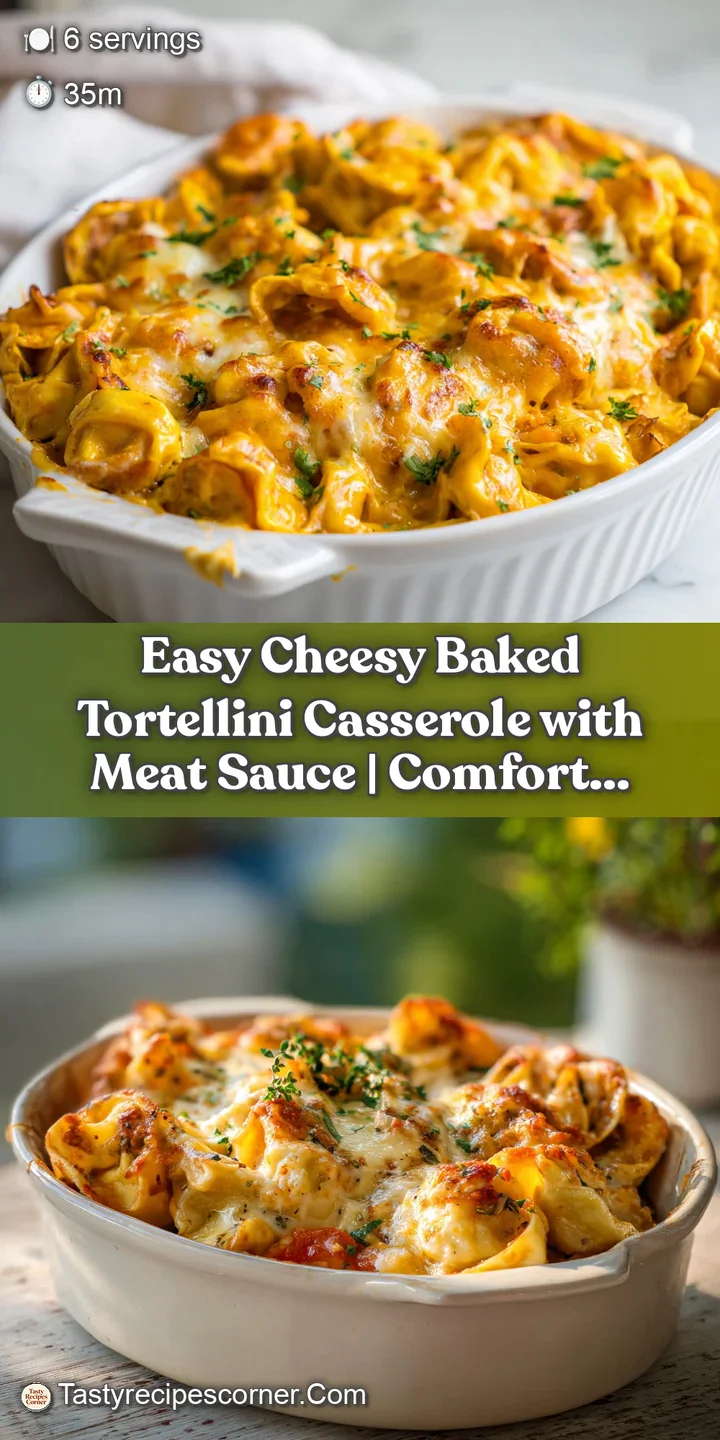 Close-up of tender tortellini smothered in savory meat sauce and bubbling, melted cheese.