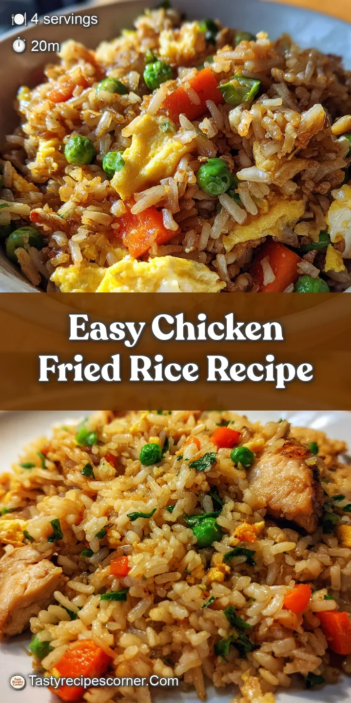 Close-up captures the glistening surface of chicken fried rice, highlighting tender chicken, plump peas, and colorful carr...