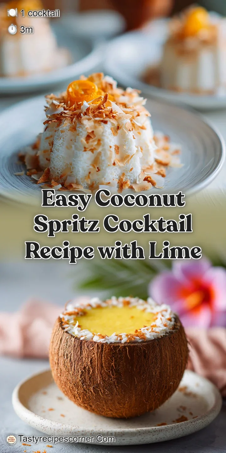 Close-up of a fizzy Coconut Spritz. Bubbles rise in the clear liquid, hinting at a sweet and tangy tropical flavor.