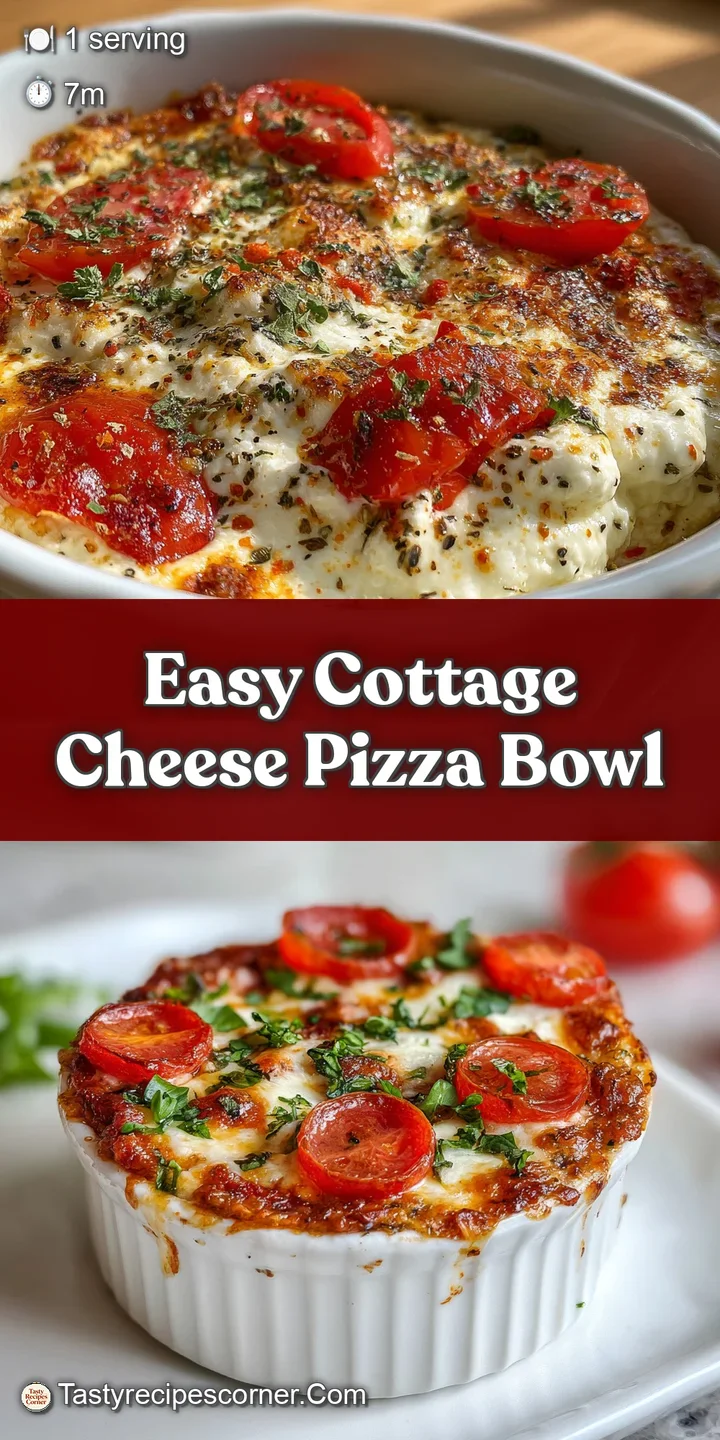 Mouthwatering close-up showcasing the texture of a bubbling, golden-brown cottage cheese pizza bowl, complete with fresh h...