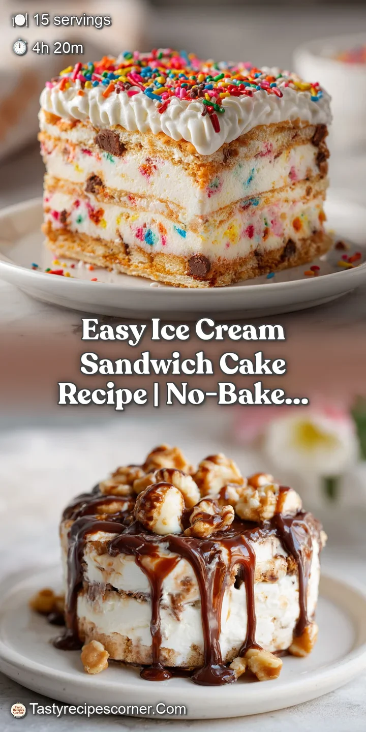 Close-up view of a rich ice cream sandwich cake, showcasing the creamy filling and soft cookie layers, topped with colorfu...