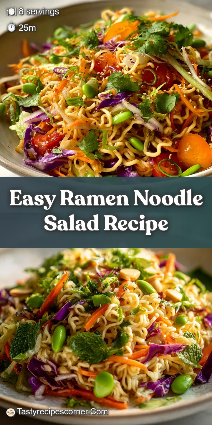 Close-up shot of ramen salad. Shiny noodles mixed with crisp veggies. A mouthwatering, flavorful, healthy bite.