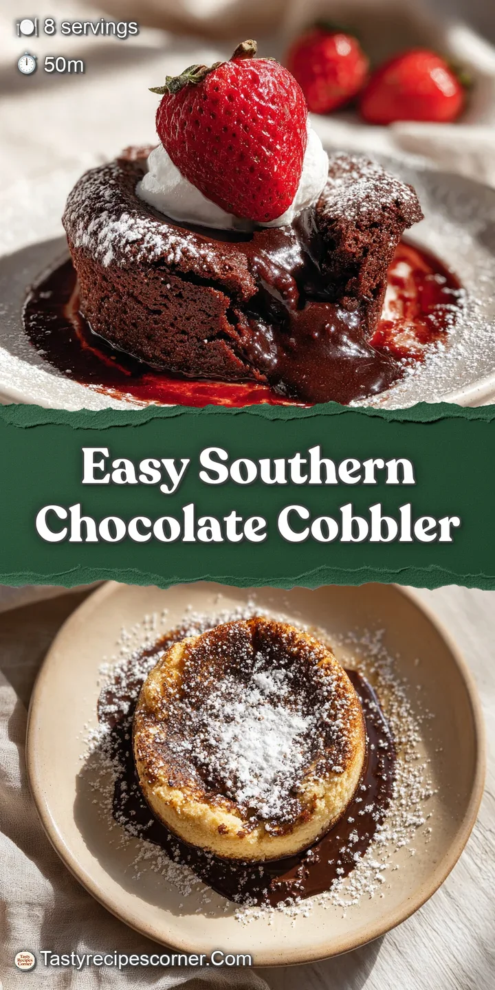 Close-up of warm, gooey chocolate cobbler. Fudgy texture with a slightly crisp crust. Streaks of melted chocolate and a te...
