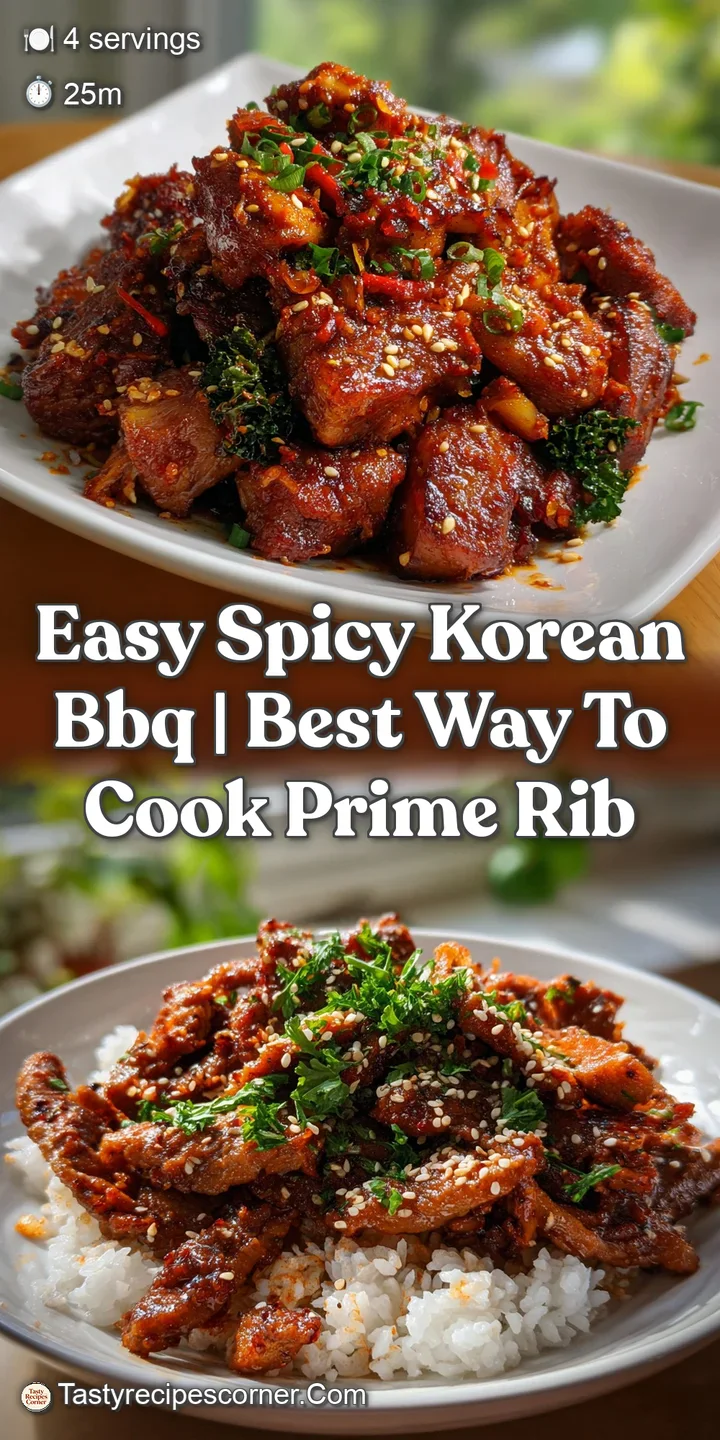 Close-up of succulent Korean BBQ; a symphony of textures and flavors. Deep red hues from the sauce, with a hint of smoky c...