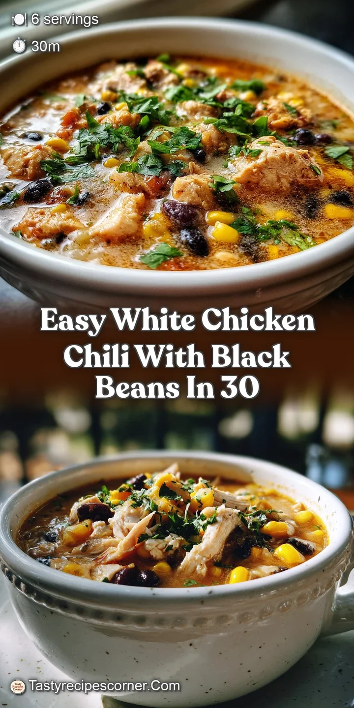 Close-up shot of creamy white chicken chili highlighting the tender shredded chicken, plump black beans, and vibrant green...