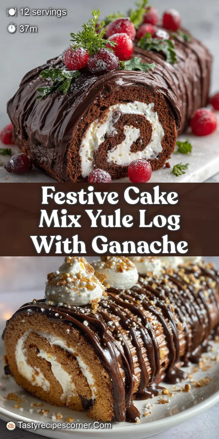 Close-up of a decadent chocolate Yule log with a swirled chocolate ganache, dusted with powdered sugar to mimic snow.