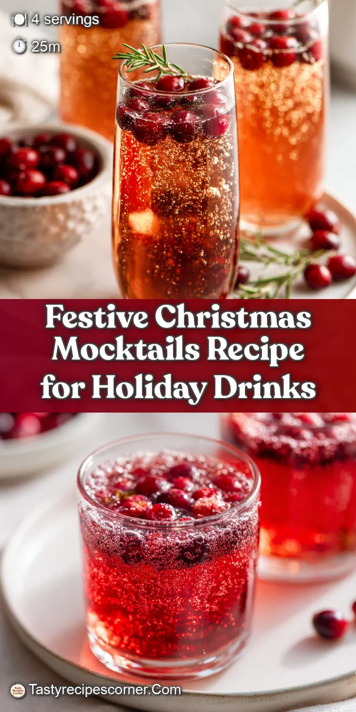 Bubbles dance in a ruby-red Christmas mocktail. Close-up reveals frosty glass, plump cranberries, and a fragrant rosemary ...