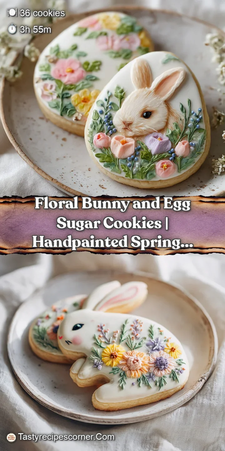 Close-up of a frosted sugar cookie: a charming bunny adorned with edible flowers and soft pastel colors. Icing is smooth, ...